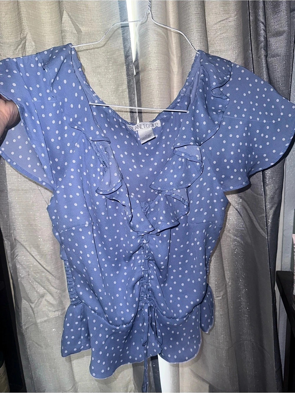 Planet Gold Polka Dot Ruffle Blouse in Blue Size Medium